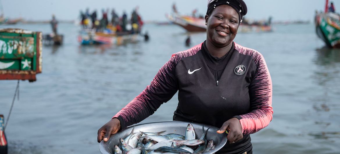 یک ماهیگیر در راه فروش ماهی‌هایی که در بندر جوال در سنگال صید کرده بود.